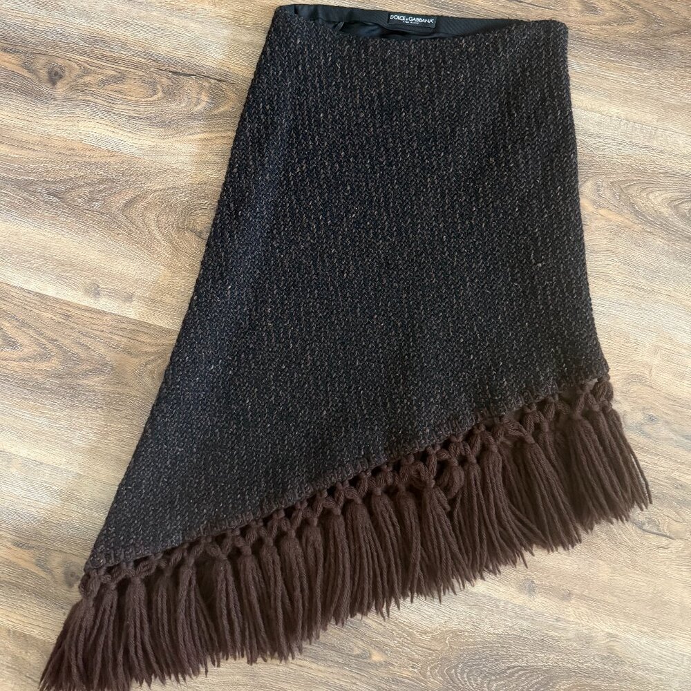 Dolce & Gabbana Black Brown Knitted Wool Skirt with Fringe